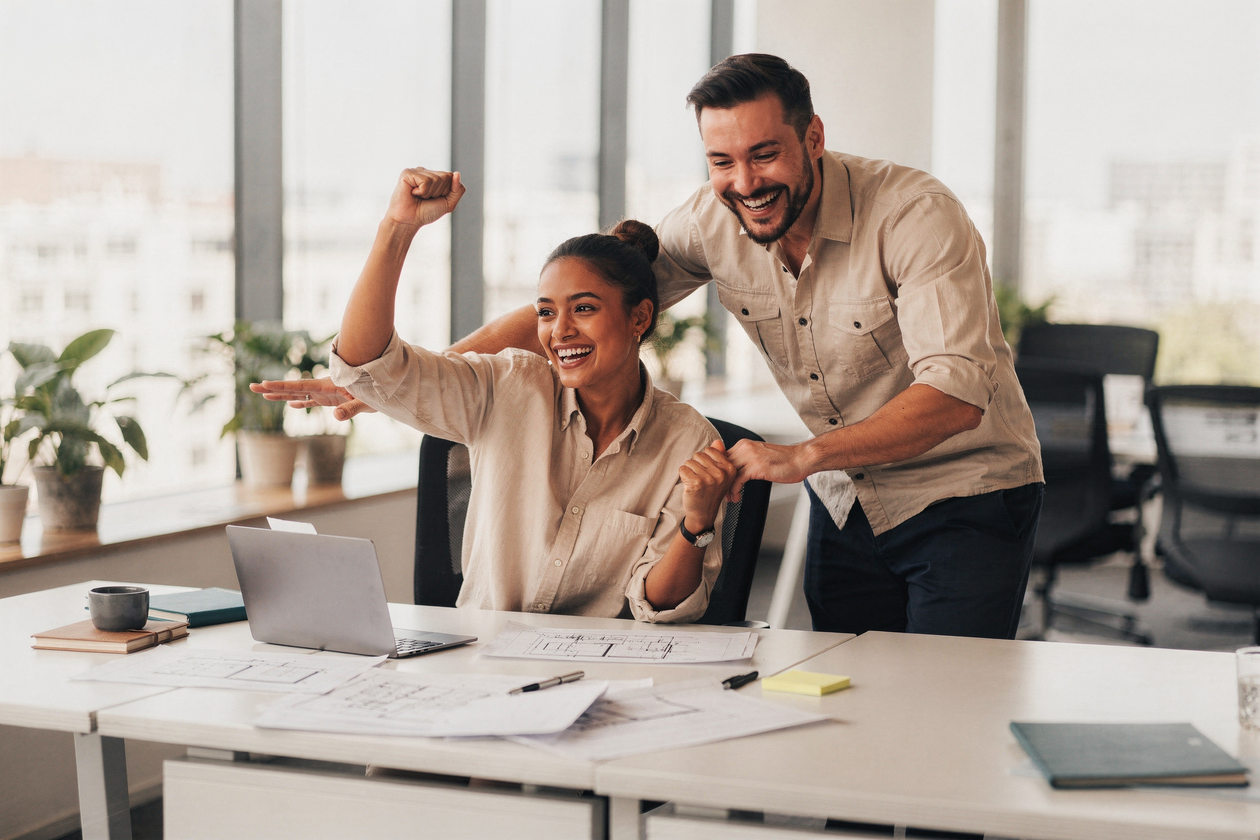 Two consultants celebrating a successful project outcome together in a bright, modern office.